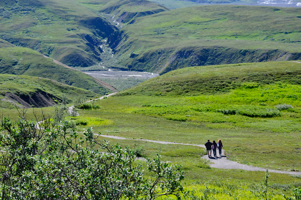 family hiking at Eielson Visitor Center